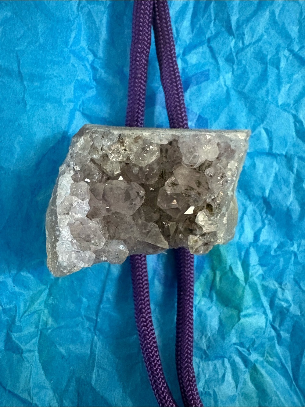 Crystal Druzy Pendant on Purple Cord Bolo Tie